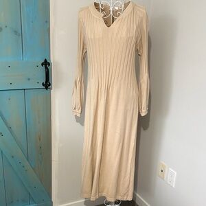 Women's Long Sleeve Ribbed Midi Dress in Beige